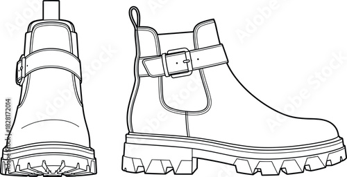 Women's lug sole leather combat ankle boot technical flat drawing, side and front view, fashion footwear vector illustration.