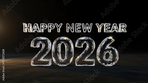 Happy new year 2026 text made of crystal on black