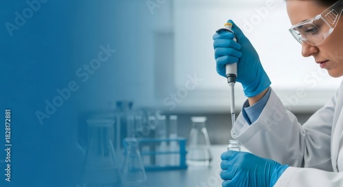 Woman lab technician working with micropipette for biopolymer research. Scientist creating bio-ink for future bioprinting and regenerative medicine.