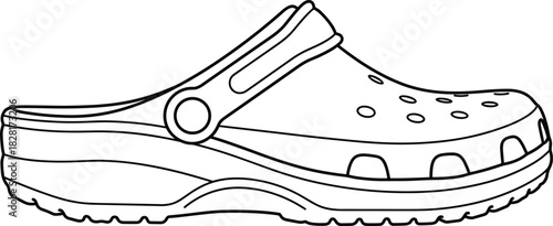 Clog shoe illustration, Crocs style, black and white, technical sketch, footwear design, line art, fashion asset, stock vector