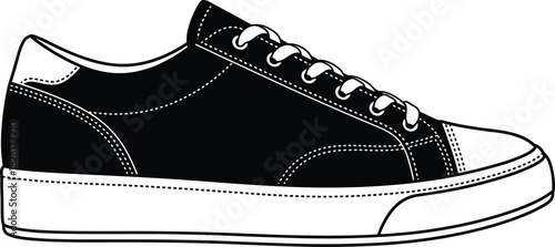 Low-top sneaker line drawing, casual shoe sketch, lace-up design, black white illustration, footwear template, fashion product design art