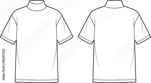 Mock neck t-shirt flat sketch, short sleeve fashion design, technical drawing front back view, apparel template, casual wear illustration