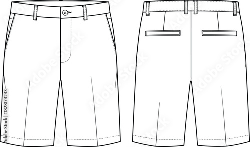 Tailored shorts flat sketch, fashion technical drawing, front and back view, belt loops, welt pockets, zipper fly, structured design