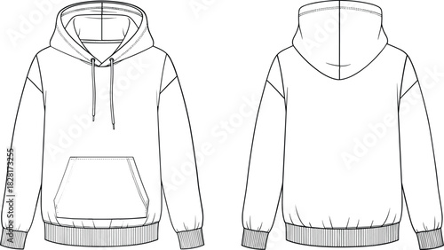 Technical flat sketch of hoodie, front and back view, fashion design template, apparel illustration, sweatshirt drawing, garment construction details