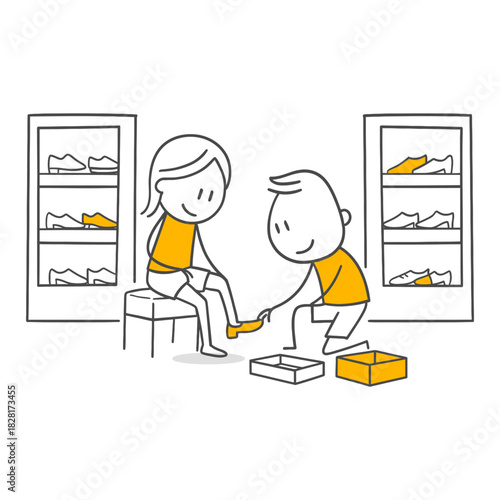 Salesperson Service Offering an Experience to an Excited Client Trying on New Shoes.