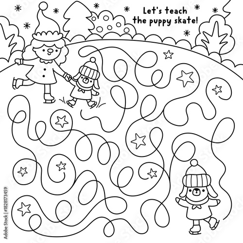 Christmas village black and white maze with elf teaching puppy skate on skating rink. Line labyrinth game with traditional character. Winter holiday printable activity, worksheet, coloring page