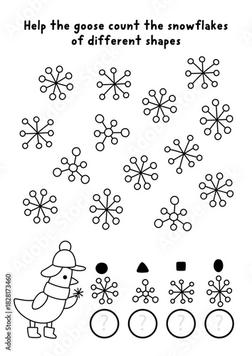 Christmas black and white I spy game. Searching, counting, shape recognition line activity with goose and snowflakes. New Year printable worksheet for preschool kids. Winter holiday coloring page