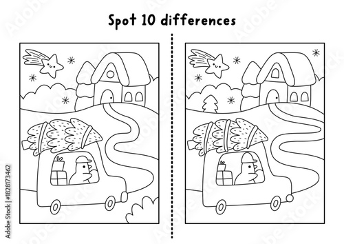 Christmas line find differences game. Winter holiday black and white activity with bird driving fir tree home on night. Printable worksheet, puzzle, coloring page for kids with New Year character