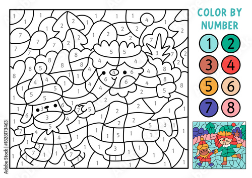 Vector Christmas color by number activity with elf skating on ring with dog. Winter black and white counting game. New Year coloring page for kids. Line printable worksheet
