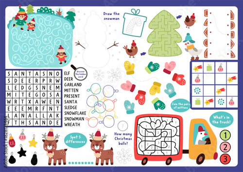 Vector fairyland placemat. Woodland fairy printable activity mat with maze, crossword puzzle, shadow match, find difference. Cute fairytale play mat, menu, kids magazine spreadsheet