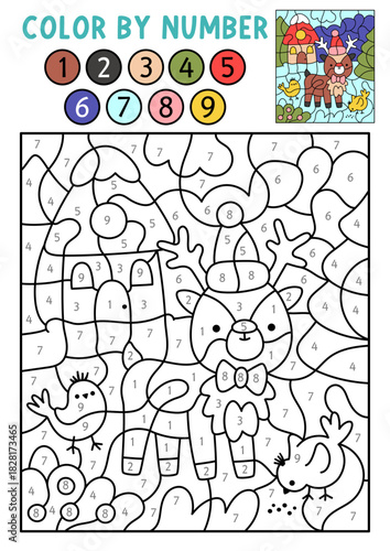 Vector Christmas color by number activity with deer, birds, snowy scene. Winter black and white counting game. New Year coloring page for kids. Line printable worksheet