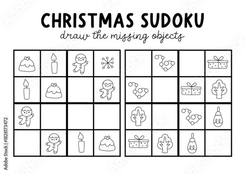 Vector Christmas sudoku puzzle for kids with pictures. Black and white New Year quiz with candle, present, gingerbread man. Winter holiday line activity, coloring page. Draw missing object