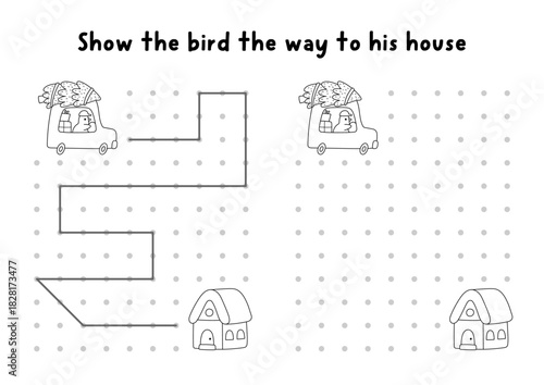 Christmas or New Year drawing, writing, tracing, space orientation activity for kids with bird driving car to house. Draw lines in box according example. Winter holiday printable game, puzzle