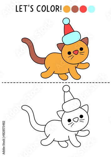 Christmas village coloring page for children with cute cat. Vector New Year outline illustration. Color book for kids with colored example. Winter holiday drawing skills printable worksheet