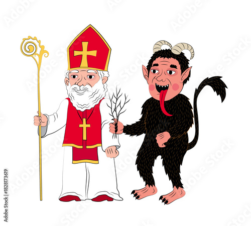 Vector illustration of St Nicholas and Krampus