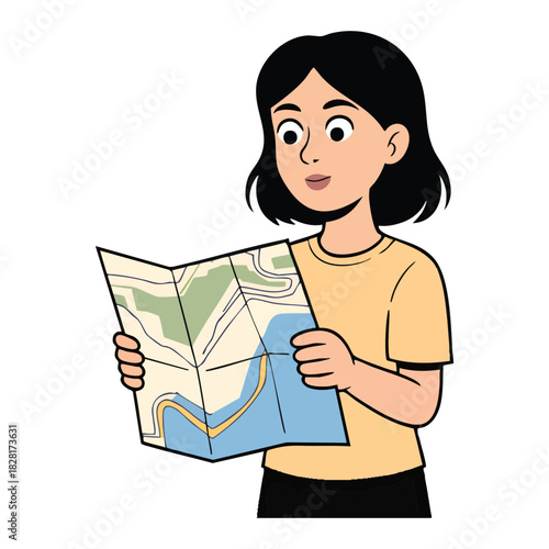 Illustration of young woman with dark hair looking at a folded paper map