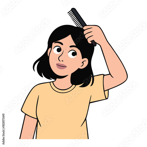 Illustration of young woman with short dark hair combing her hair with a black comb