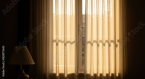 Warm sunlight streams through an open window during a hot summer day, illuminating sheer, flowing curtains and casting long, golden shadows across the room, ventilation, architecture, afternoon.