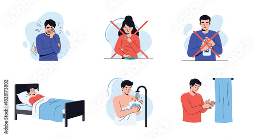 Set of six health and hygiene icons showing symptoms of illness and preventative measures like hand washing and staying in bed.