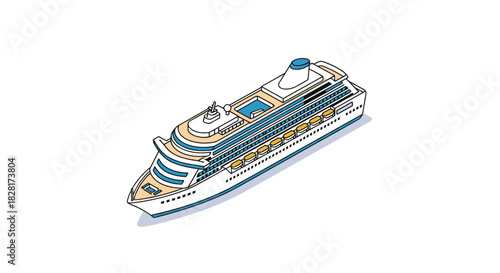 Isometric illustration of a large white and blue luxury cruise ship used for ocean vacations and international passenger travel.