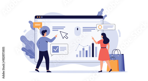 Man and woman interact with a large browser window analyzing business data graphs and checking tasks for an online shopping website.