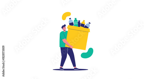 Young man carries a large yellow box filled with plastic bottles for recycling as part of an eco-friendly waste management concept.