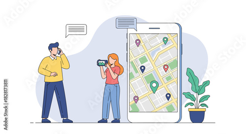 Man and woman use a mobile phone app with a city map for GPS navigation and finding locations while communicating and taking photos.