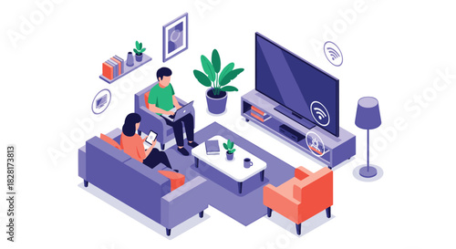 Isometric illustration of a couple relaxing in their smart home living room using a laptop and tablet connected to Wi-Fi technology.