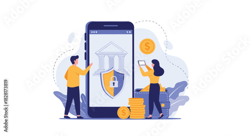 Man and woman use a smartphone for secure online banking with a shield and lock icon symbolizing financial safety and data protection.