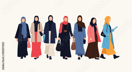 Group of seven modern and stylish Muslim women wearing hijabs and fashionable modest outfits walking together in a diverse group.