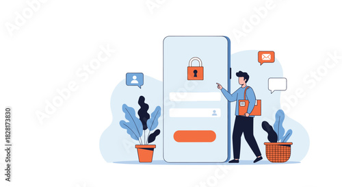 Man stands next to a giant smartphone and enters his credentials on a secure login page with a password field and lock icon.