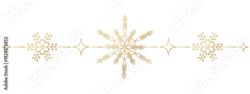 Continuous border pattern with golden snowflakes and stars forming a curved festive ribbon. Perfect for wrapping paper, textile prints, greeting cards and holiday stationery. Vector artwork.