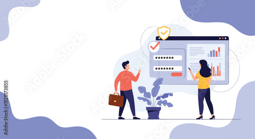 Man and woman use a secure login form on a computer screen to access their account with password protection and a security shield icon.