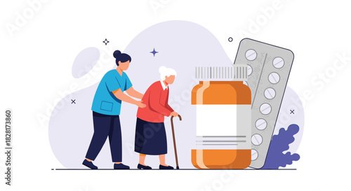 Female nurse or caregiver is helping an elderly woman with a cane walk past a large bottle of pills and a blister pack of medicine.