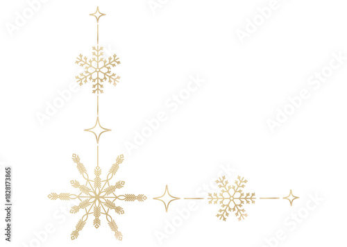 Golden snowflake wave border with stars . Elegant curved Christmas ornament for holiday banners, greeting cards and winter festive decoration. Vector illustration.