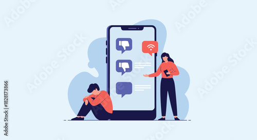 Sad man sits on the floor while a woman tries to comfort him in front of a giant smartphone showing negative comments and dislikes.