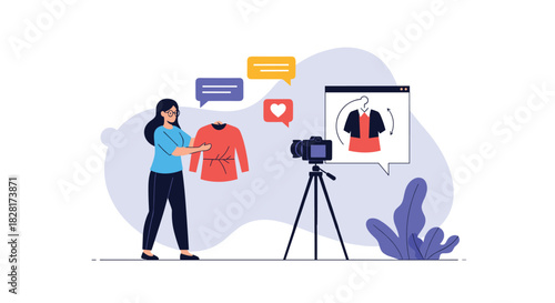 Female fashion blogger or vlogger is recording a video for her social media channel showing off a new item of clothing to her audience.