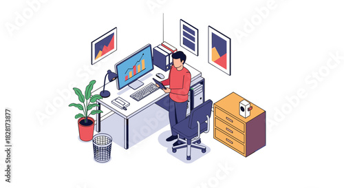 Isometric illustration of a businessman standing at his modern office desk and working on a tablet with a computer showing graphs.