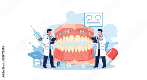 Two male dentists examine a large model of a human jaw with braces surrounded by medical equipment like syringes and capsules.