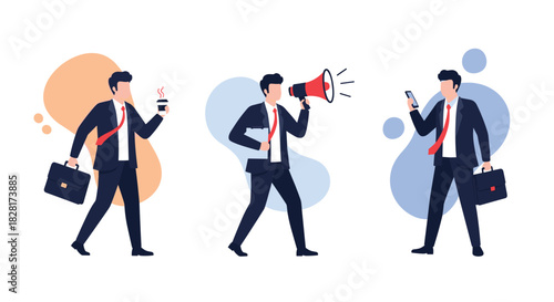 Set of three illustrations showing a businessman in a suit in different poses holding coffee a megaphone and using a smartphone.