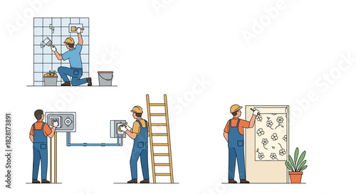 Set of three illustrations showing professional handymen performing home renovation tasks like tiling walls installing electrics and wallpapering.