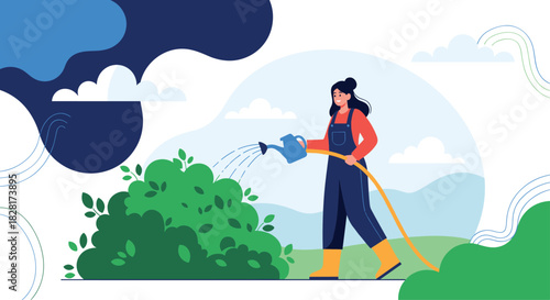 Happy woman in overalls and boots is watering a large green bush in her garden with a watering can on a beautiful sunny day.