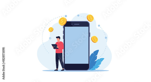 Man using a tablet stands next to a giant smartphone with gold coins flying around representing mobile payments and online income.