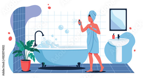 Woman wrapped in a towel after a bath applies spray deodorant in a modern and stylish bathroom with a tub and houseplant.
