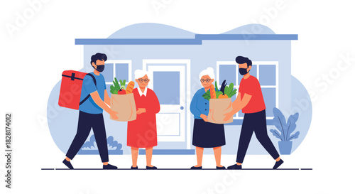 Two young male volunteers wearing face masks are delivering bags of fresh groceries to two elderly women at their home.