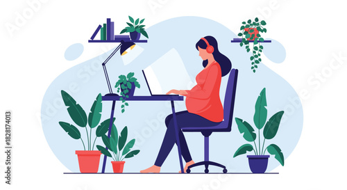 Pregnant woman wearing headphones works on her laptop at a desk in a cozy home office surrounded by many green houseplants.