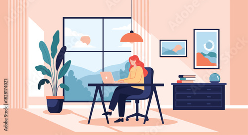 Woman works on her laptop at a desk in a beautiful sunlit home office with a large window showing a scenic mountain view.