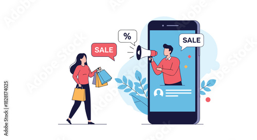 Online marketing concept with a man in a smartphone using a megaphone to announce a sale to a woman holding shopping bags.