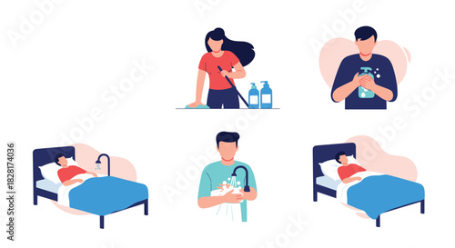 Set of five icons showing hygiene and disease prevention measures like cleaning disinfecting hands resting in bed and washing hands.