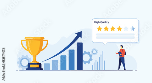 Businessman looks at a rising bar chart leading to a trophy symbolizing high quality service and business growth with great reviews.